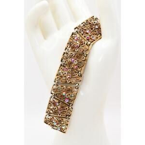 Vintage AB Rhinestone Link Bracelet Gold Tone Filigree 7 Inch Wide